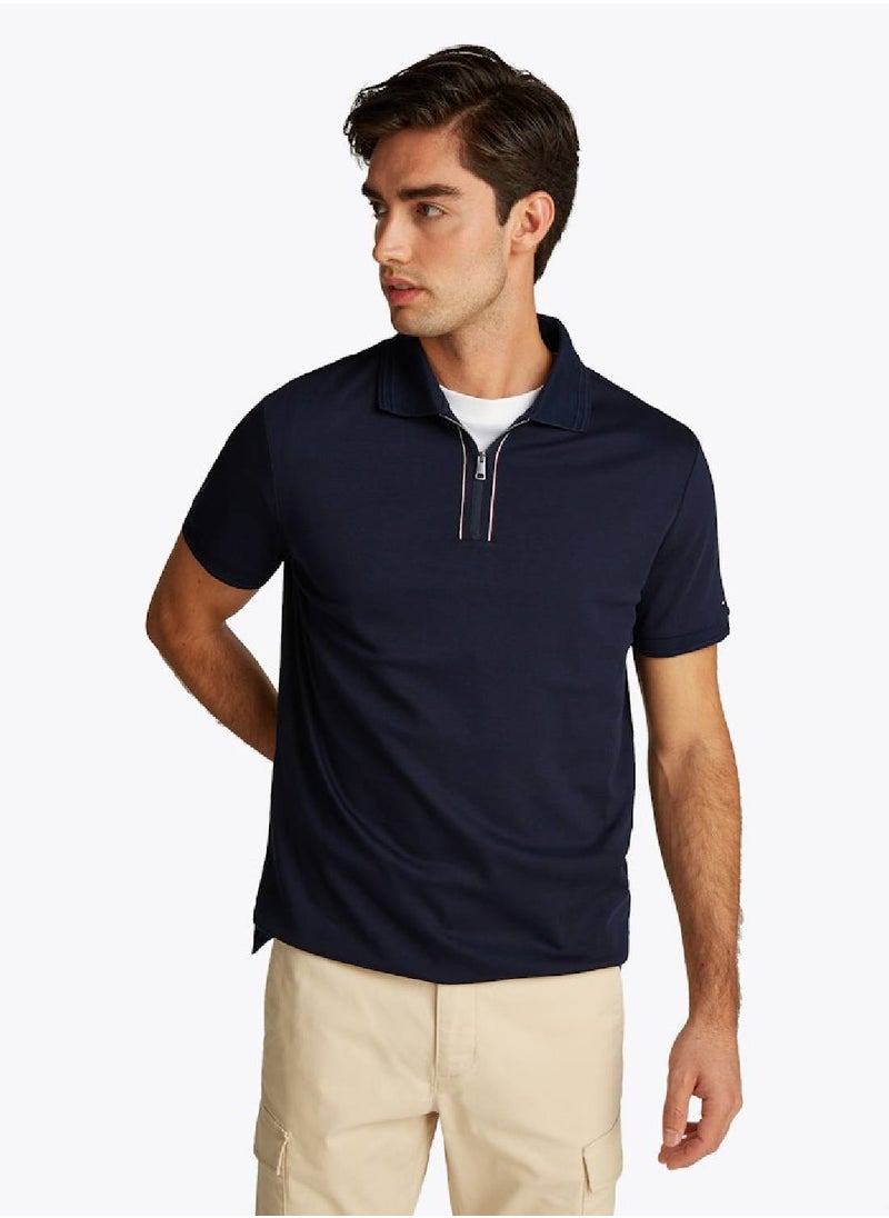 Men's Regular Fit Zip Placket Polo Shirt - Cotton, Blue