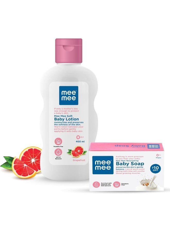 Mee Mee Moisturising Baby Lotion with Fruit Extracts, 500ml and Nourishing Baby Soap with Almond and Milk Extracts, 75g