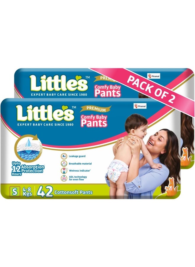 Little's Baby Pants Diapers with Wetness Indicator & 12 Hours Absorption, Small, White, 4 - 8 kg, 84 Count