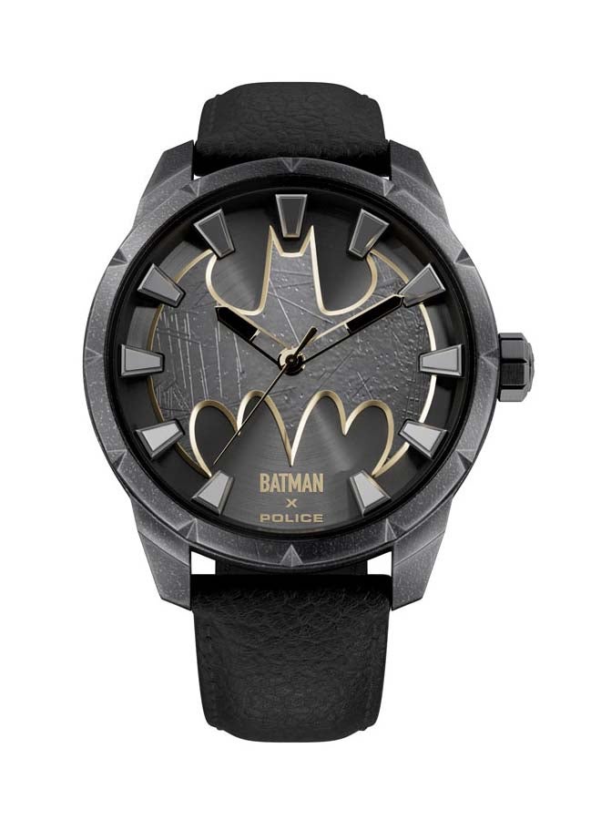Men's Batman 45mm Analog Watch with Antique Ion-Plated Gun Dial, Batman Logo & Genuine Leather Strap