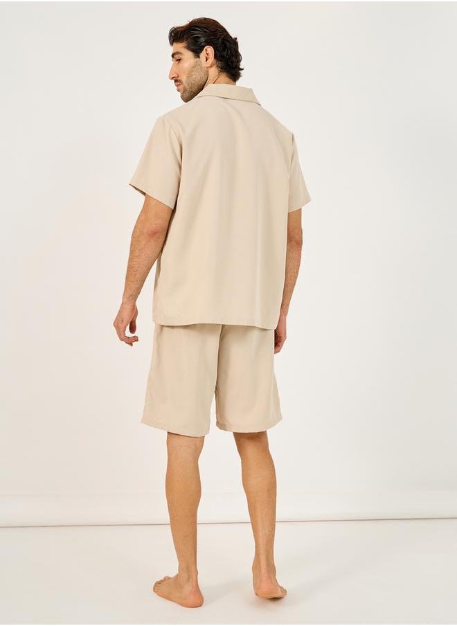 Solid Woven Short Sleeve Collared Shirt and Shorts Set