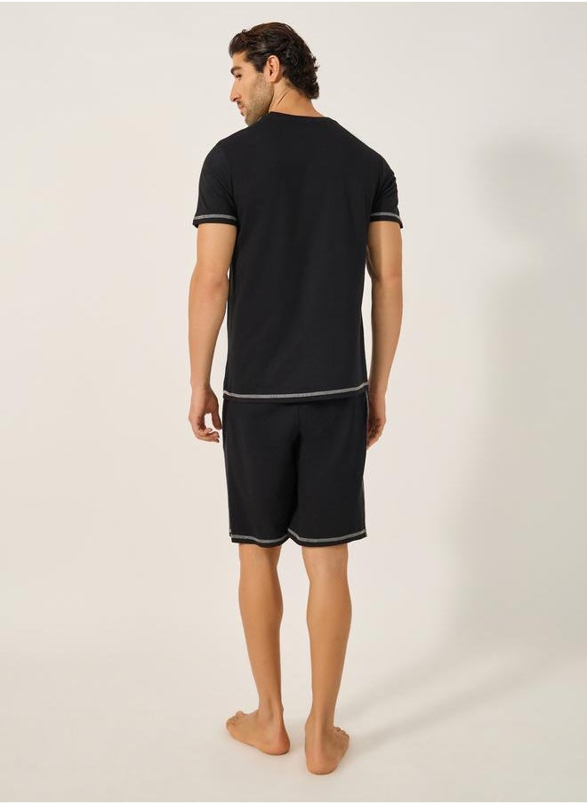 Contrast Stitch Crew Neck T-Shirt and Shorts Pyjama Set