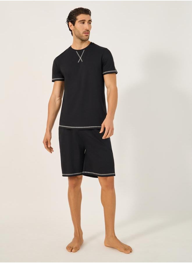 Contrast Stitch Crew Neck T-Shirt and Shorts Pyjama Set