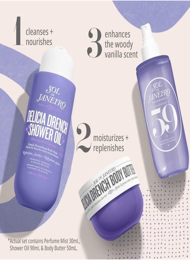 Sol de jainero Delícia Drench™ Jet Set – Travel-Ready Body Care Trio with Nourishing Body Butter, Hydrating Shower Gel, and Tropical Perfume Mist