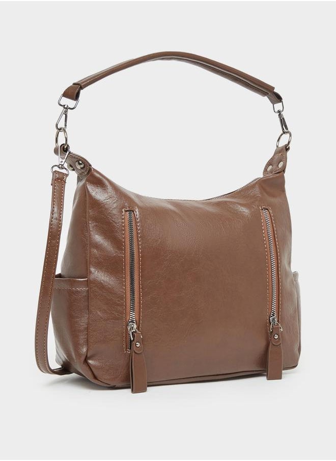 Textured Shoulder bag with Two Zippers Details