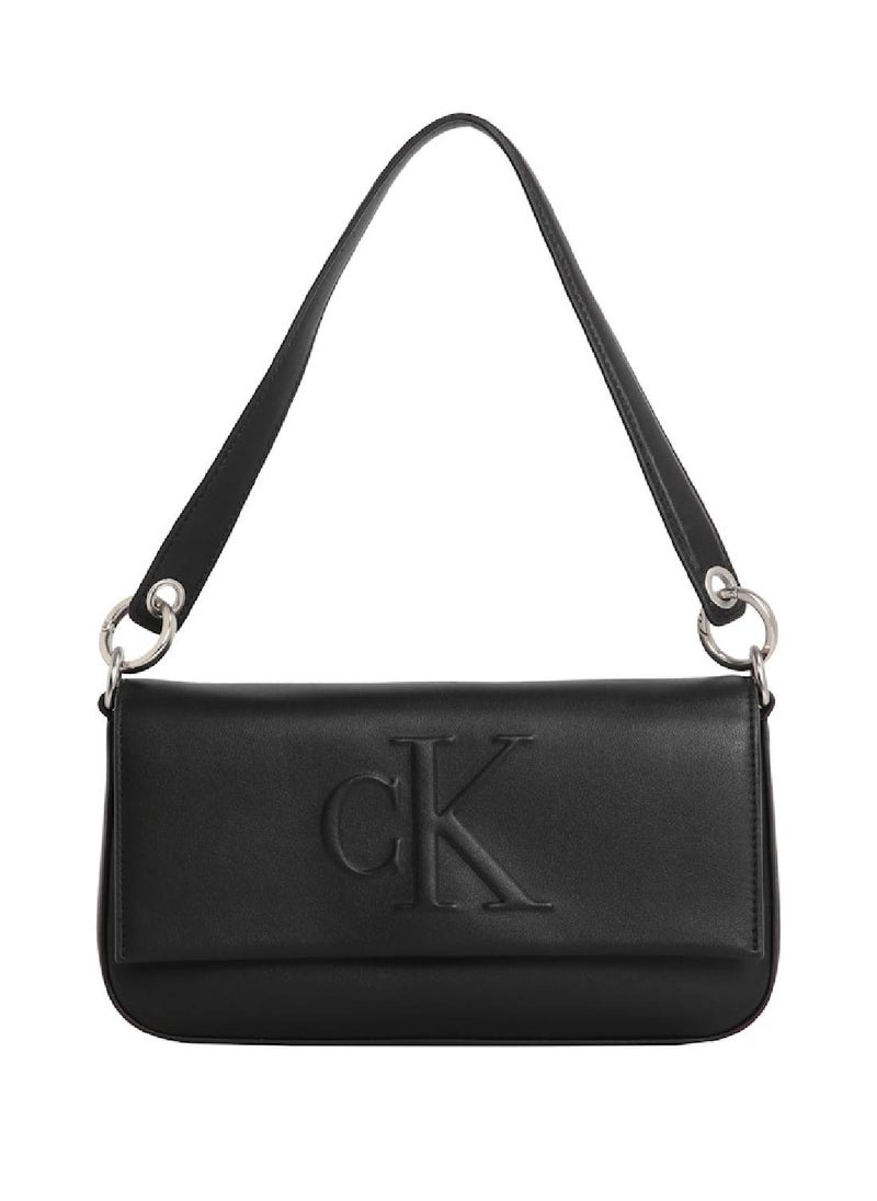 Women's Flap Shoulder Bag Pouch - Faux Leather, Black