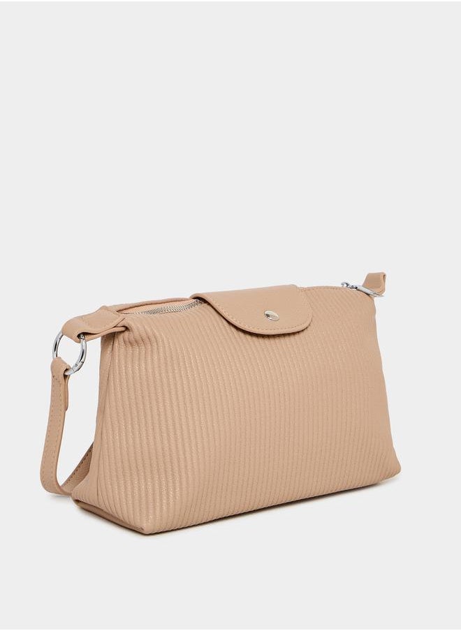 Textured Shoulder Bag with Flap Detail