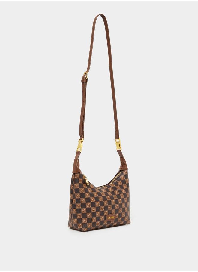 Checked Pattern Metal Buckle Detail Crossbody Bag