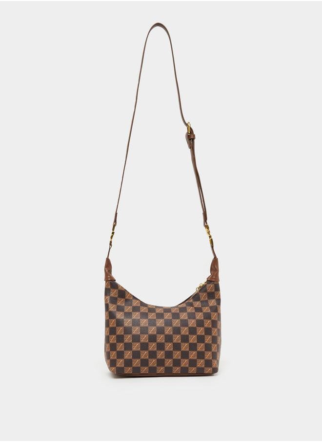 Checked Pattern Metal Buckle Detail Crossbody Bag