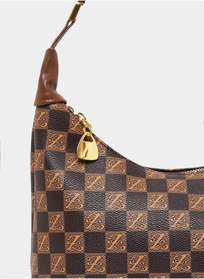 Checked Pattern Metal Buckle Detail Crossbody Bag