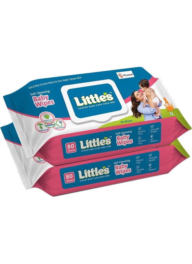 Little's Soft Cleansing Baby Wipes Lid, 80 Wipes (Pack of 2)
