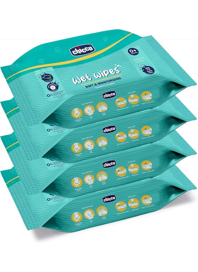 Chicco Soft Cleansing wet Baby Wipes, Ideal for Nappy, Face and Hand, Dermatologically Tested, Paraben Free, sticker Pack of 4 (72 Sheets per Pack) 288 pcs