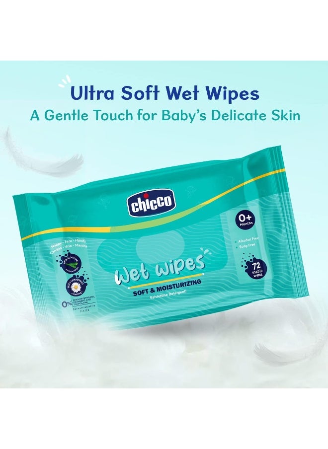 Chicco Soft Cleansing wet Baby Wipes, Ideal for Nappy, Face and Hand, Dermatologically Tested, Paraben Free, sticker Pack of 4 (72 Sheets per Pack) 288 pcs