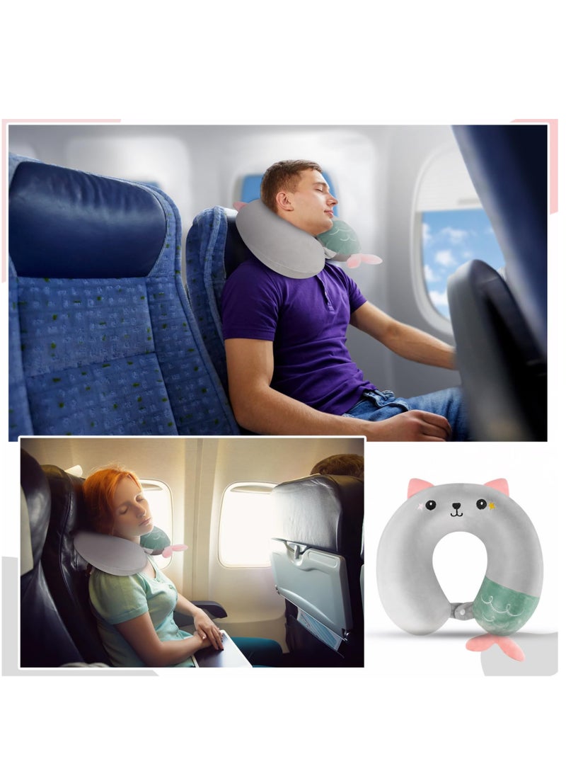Travel Pillow for Kids, Cute Animal Neck Support for Children Pillow Memory Foam Airplane Pillow U Shaped Travel Pillow for Airplane Train Car Travel Sleeping Camping, Grey