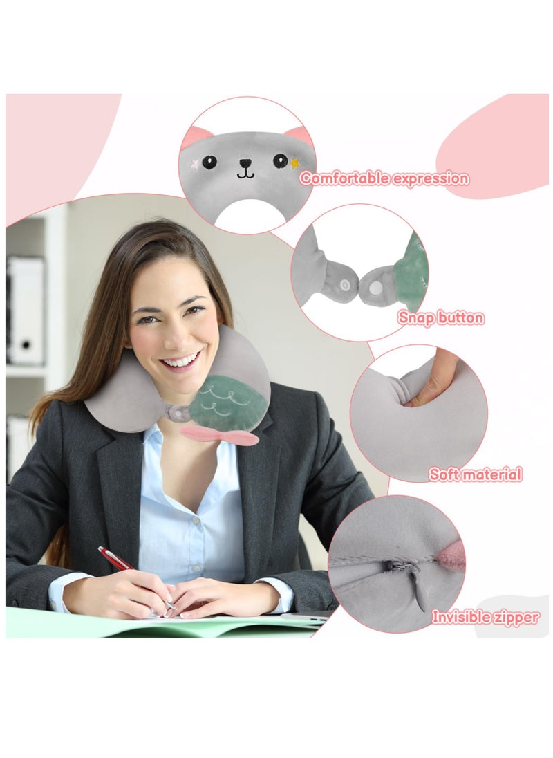 Travel Pillow for Kids, Cute Animal Neck Support for Children Pillow Memory Foam Airplane Pillow U Shaped Travel Pillow for Airplane Train Car Travel Sleeping Camping, Grey