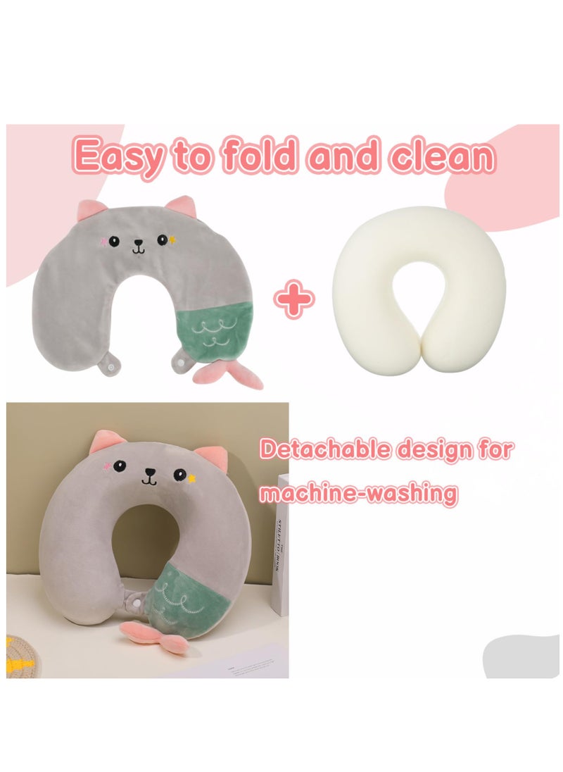 Travel Pillow for Kids, Cute Animal Neck Support for Children Pillow Memory Foam Airplane Pillow U Shaped Travel Pillow for Airplane Train Car Travel Sleeping Camping, Grey