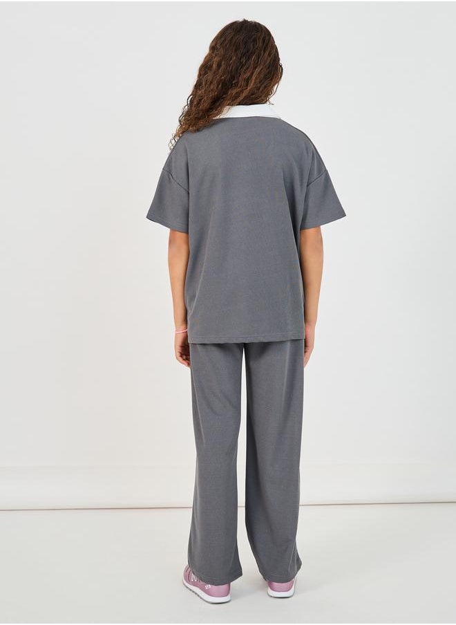 Embroidered Short Sleeve Polo T-Shirt & Wide Leg Pintuck Joggers Co-Ords