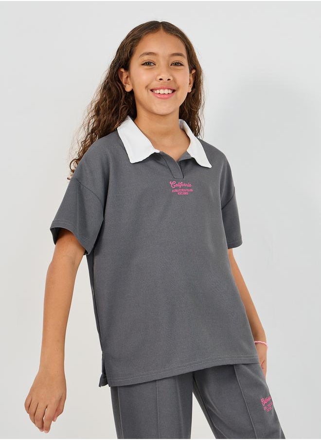 Embroidered Short Sleeve Polo T-Shirt & Wide Leg Pintuck Joggers Co-Ords