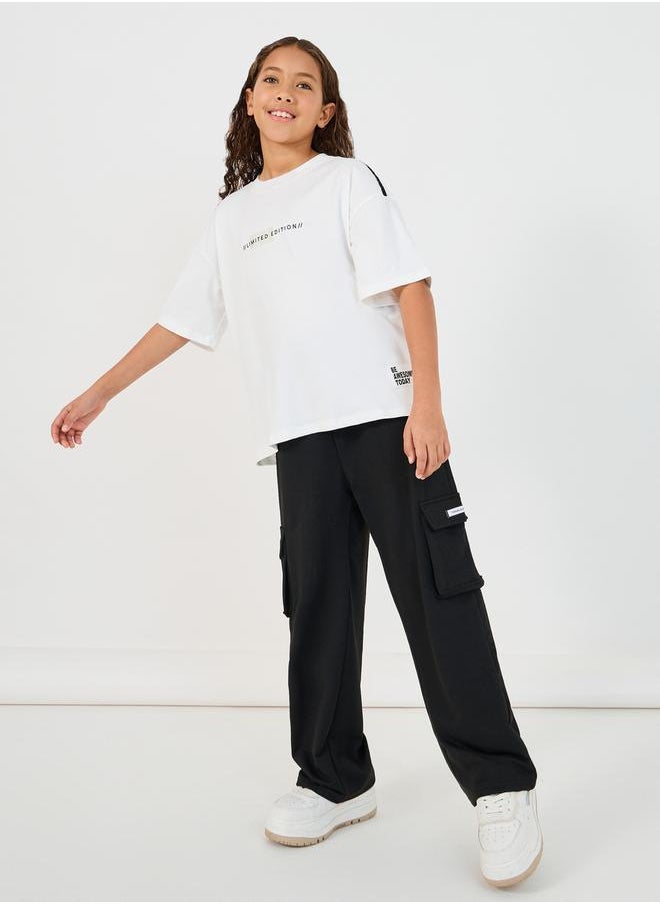 Slogan Print T-Shirt with Patch Work Detail & Crago Pants Co-Ords