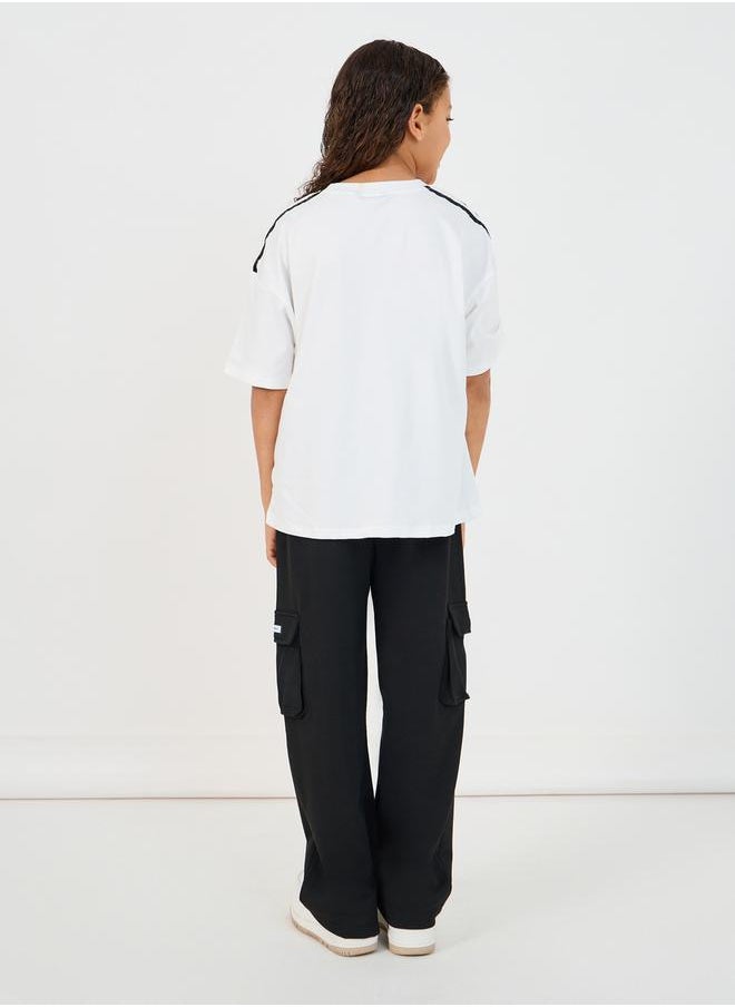 Slogan Print T-Shirt with Patch Work Detail & Crago Pants Co-Ords