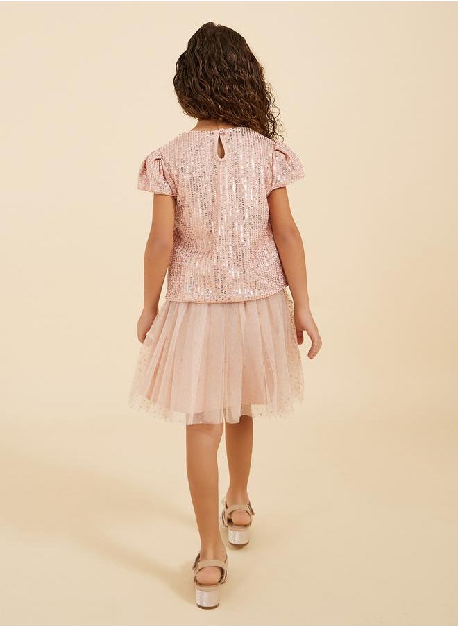 Sequins Round Neck Top and Mesh Skirt Set