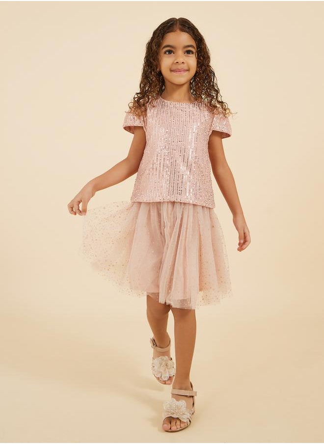 Sequins Round Neck Top and Mesh Skirt Set