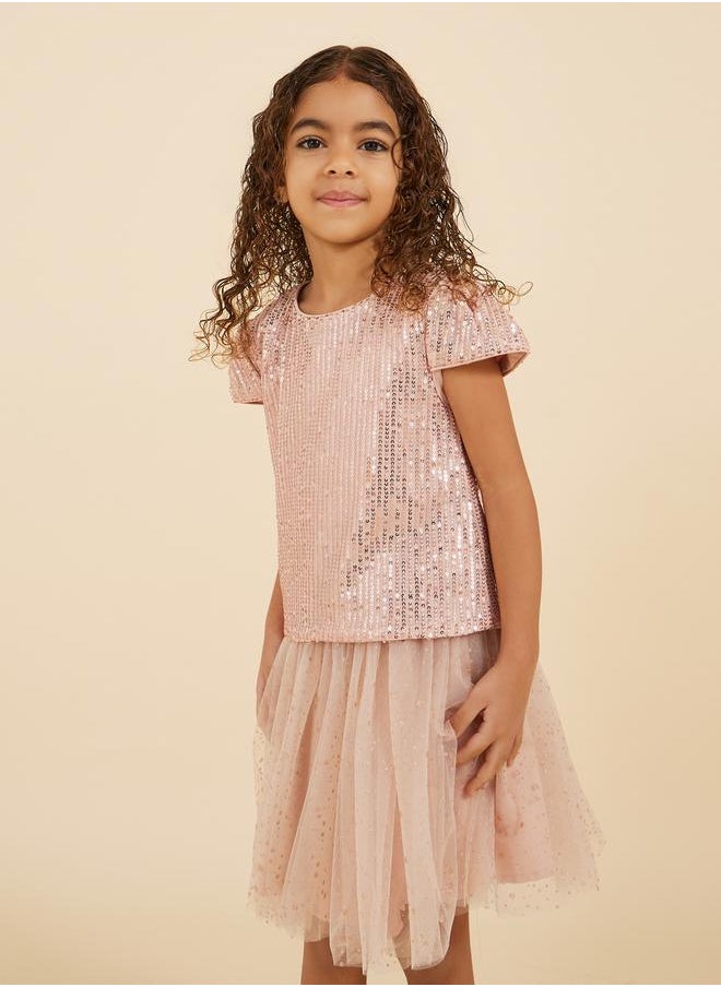 Sequins Round Neck Top and Mesh Skirt Set