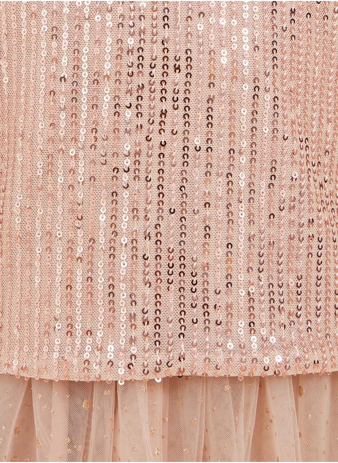 Sequins Round Neck Top and Mesh Skirt Set