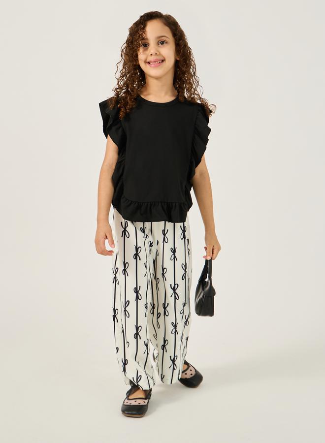 Ruffled Edge Top and Bow Print Pants Set