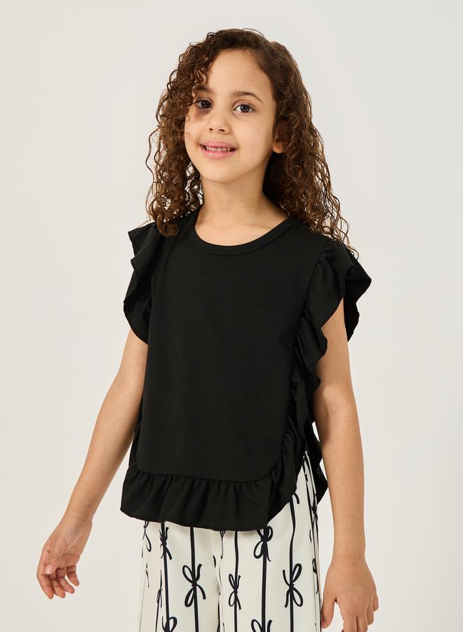 Ruffled Edge Top and Bow Print Pants Set