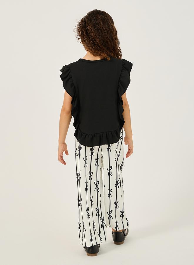 Ruffled Edge Top and Bow Print Pants Set