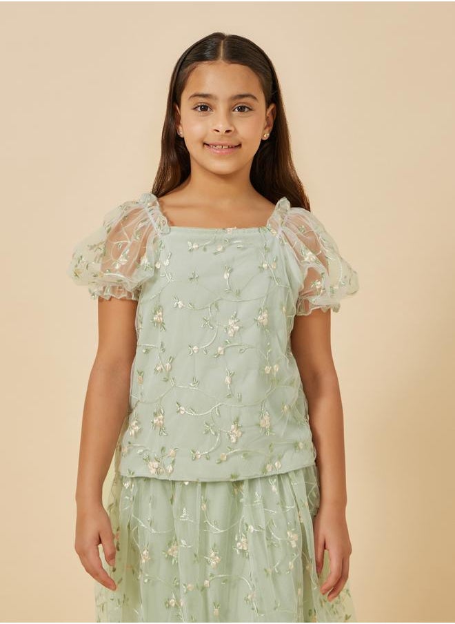 Embroidered Puff Sleeve Top and Skirt Set