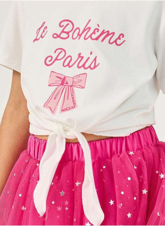 Graphic Print Tie-Up Top and Star Mesh Skirt Set