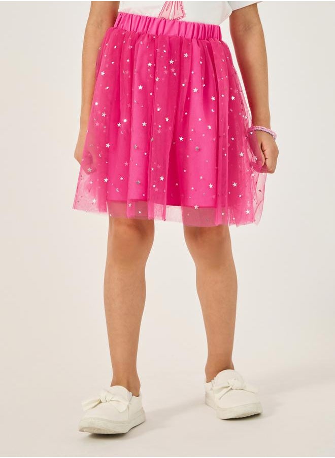 Graphic Print Tie-Up Top and Star Mesh Skirt Set