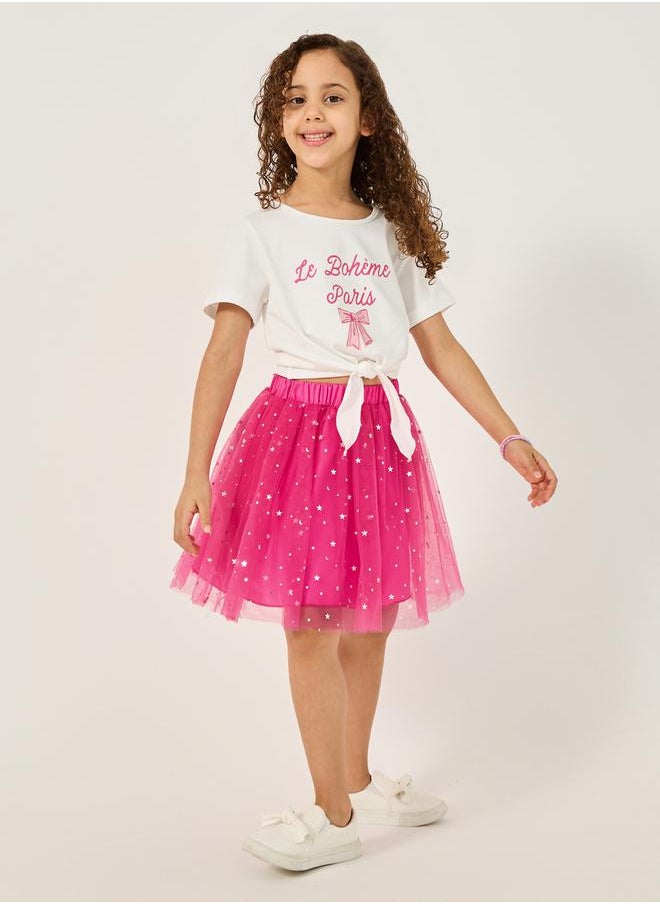 Graphic Print Tie-Up Top and Star Mesh Skirt Set