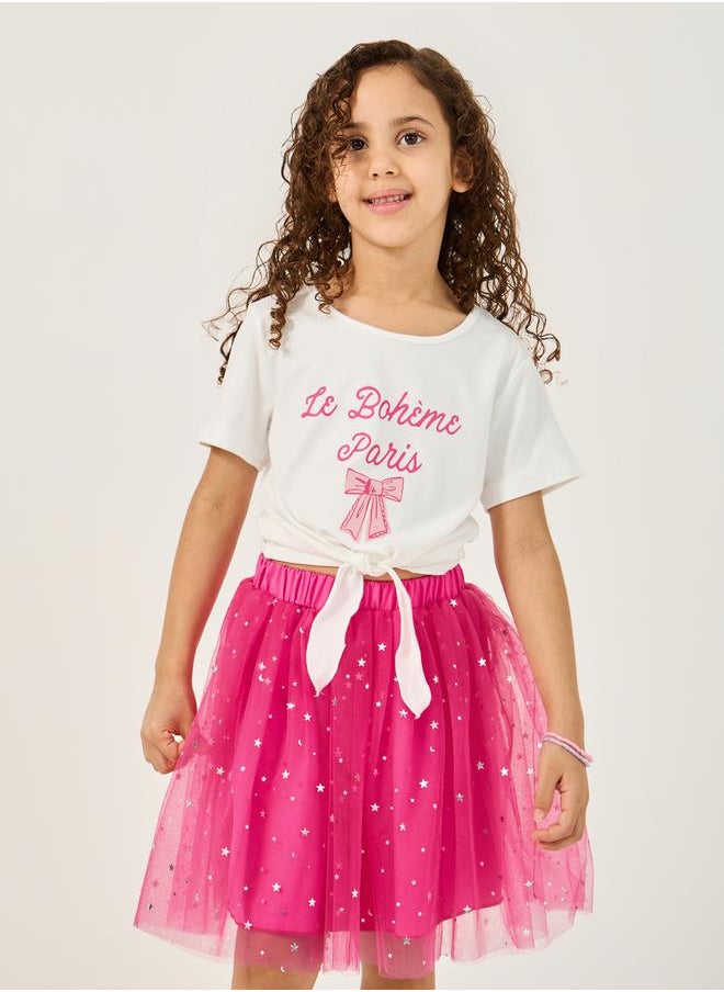 Graphic Print Tie-Up Top and Star Mesh Skirt Set