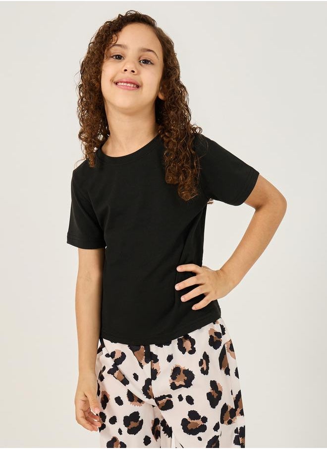 Solid T-Shirt and Animal Print Pants Set