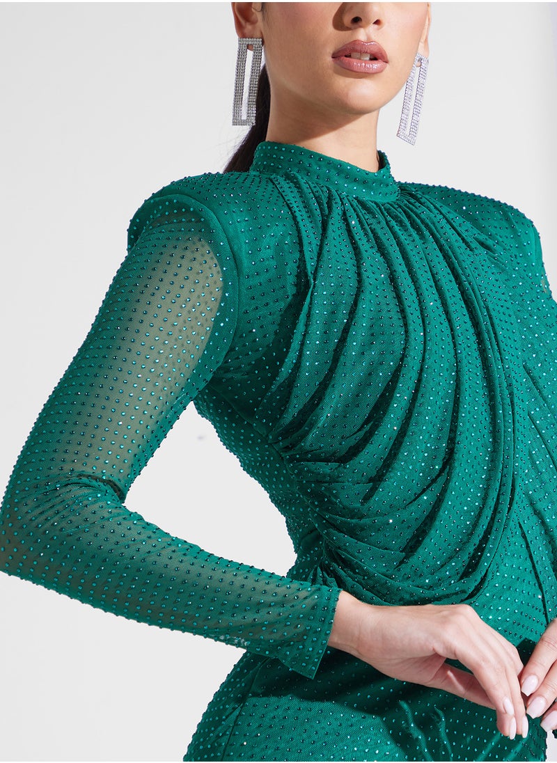 Studded Mesh Draped Neck Dress