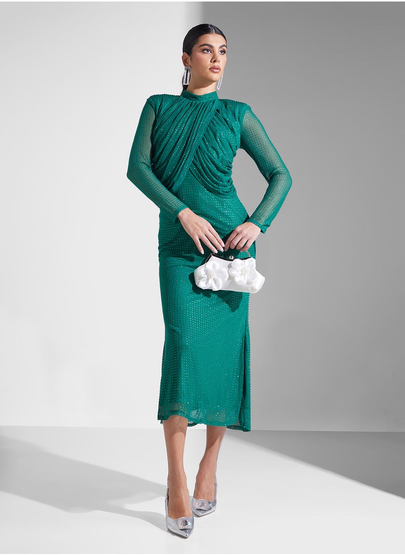Studded Mesh Draped Neck Dress