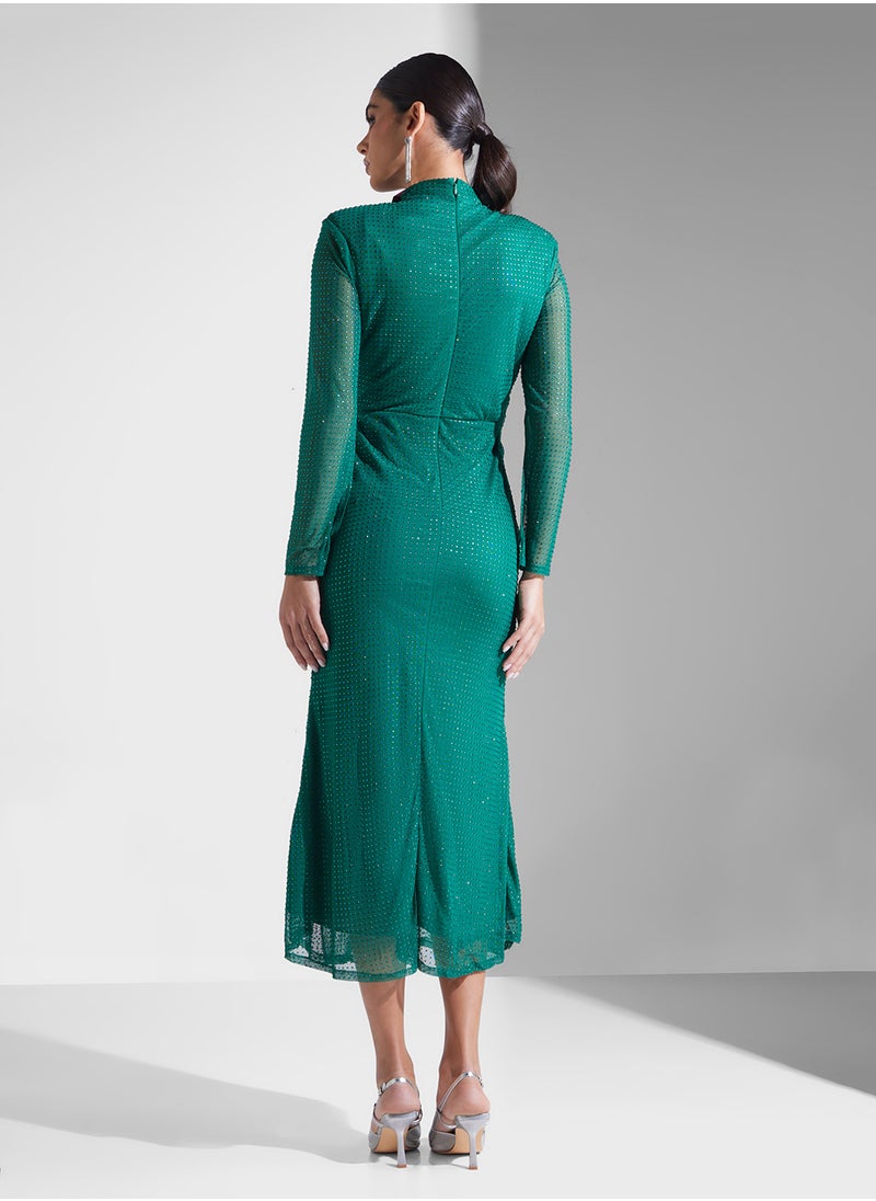 Studded Mesh Draped Neck Dress