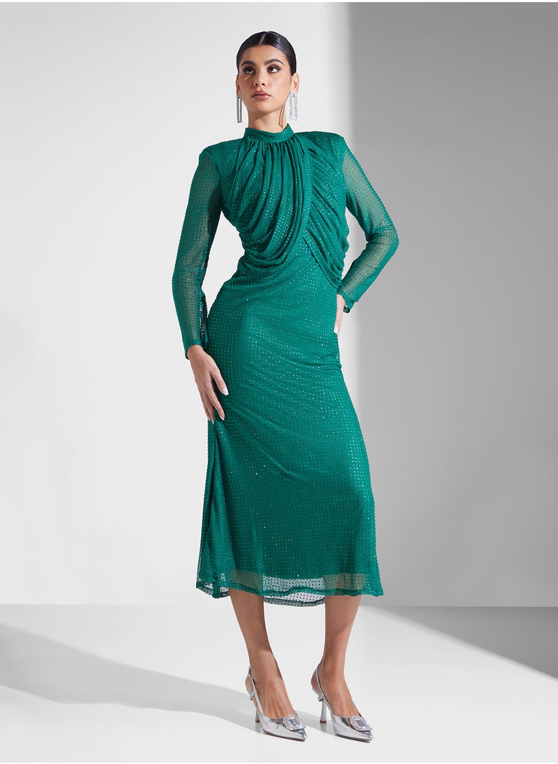Studded Mesh Draped Neck Dress