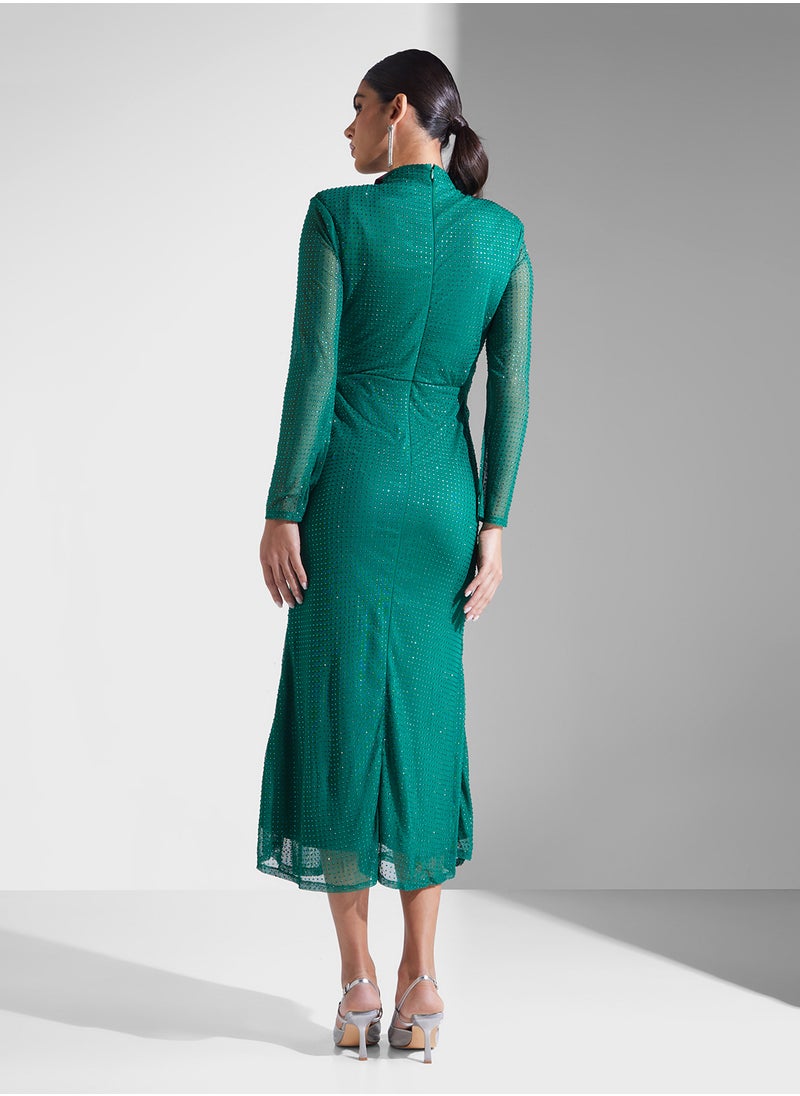 Studded Mesh Draped Neck Dress