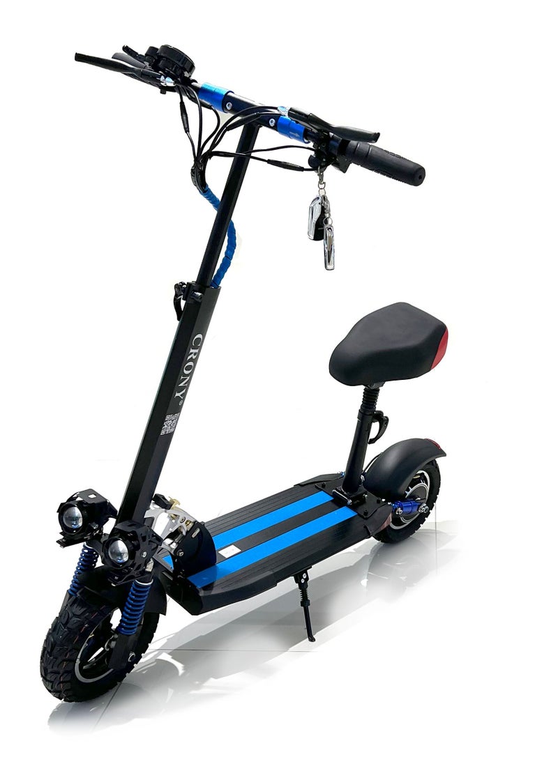 Crony V10 Fast Speed Electric Scooter 1200w Motor 48v Battery Triple Led Headlamps, Base Led Lights, 10 Inch Tyres blue