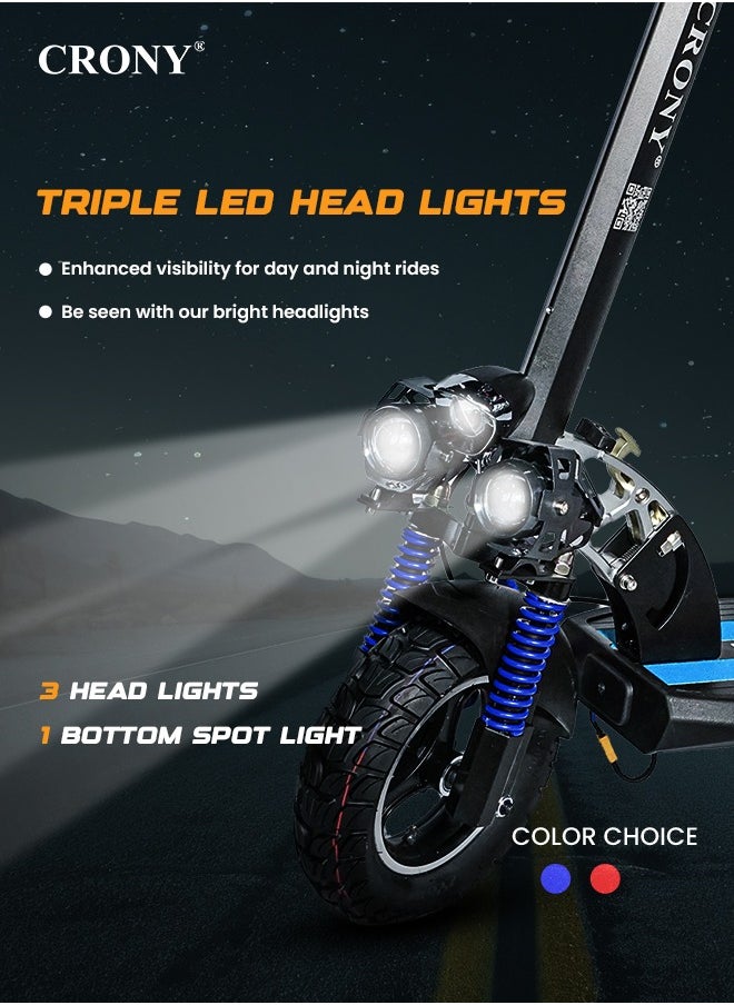 Crony V10 Fast Speed Electric Scooter 1200w Motor 48v Battery Triple Led Headlamps, Base Led Lights, 10 Inch Tyres blue