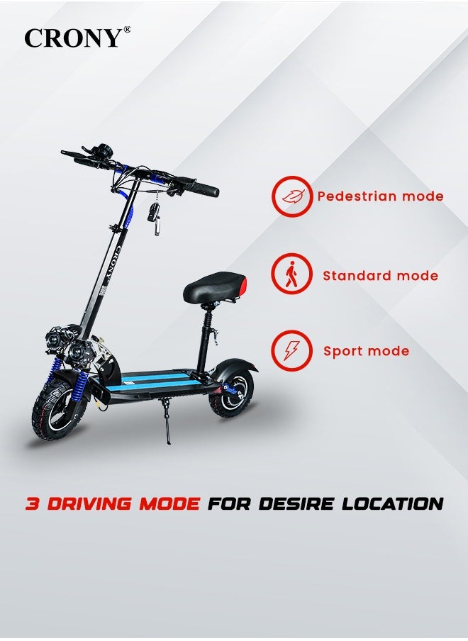 Crony V10 Fast Speed Electric Scooter 1200w Motor 48v Battery Triple Led Headlamps, Base Led Lights, 10 Inch Tyres blue