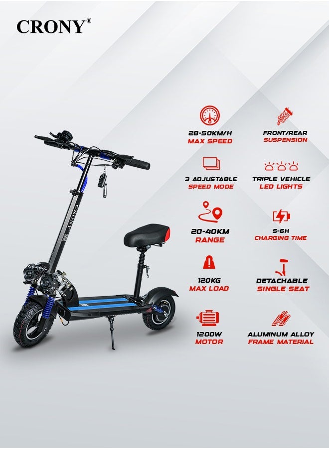 Crony V10 Fast Speed Electric Scooter 1200w Motor 48v Battery Triple Led Headlamps, Base Led Lights, 10 Inch Tyres blue