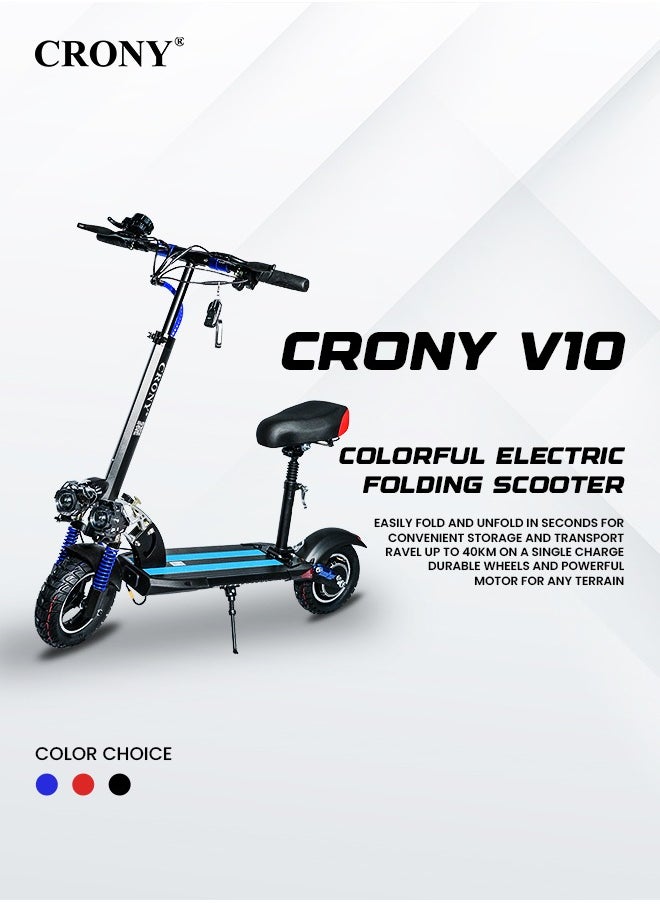 Crony V10 Fast Speed Electric Scooter 1200w Motor 48v Battery Triple Led Headlamps, Base Led Lights, 10 Inch Tyres blue