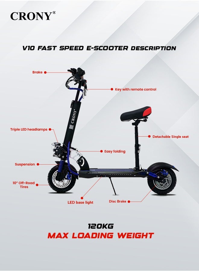 Crony V10 Fast Speed Electric Scooter 1200w Motor 48v Battery Triple Led Headlamps, Base Led Lights, 10 Inch Tyres blue