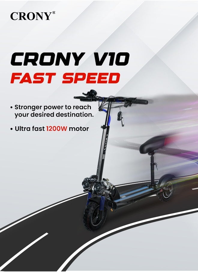 Crony V10 Fast Speed Electric Scooter 1200w Motor 48v Battery Triple Led Headlamps, Base Led Lights, 10 Inch Tyres blue