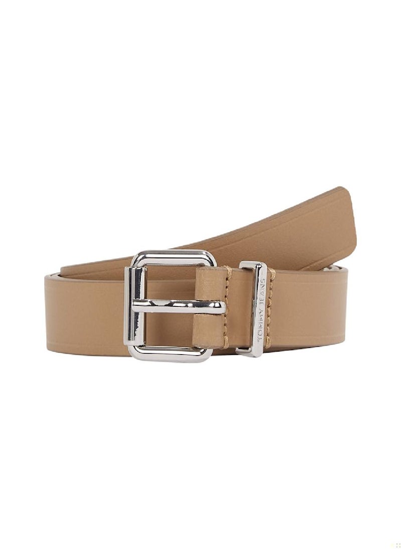 Women's Debossed Logo Leather Belt - Leather, Beige
